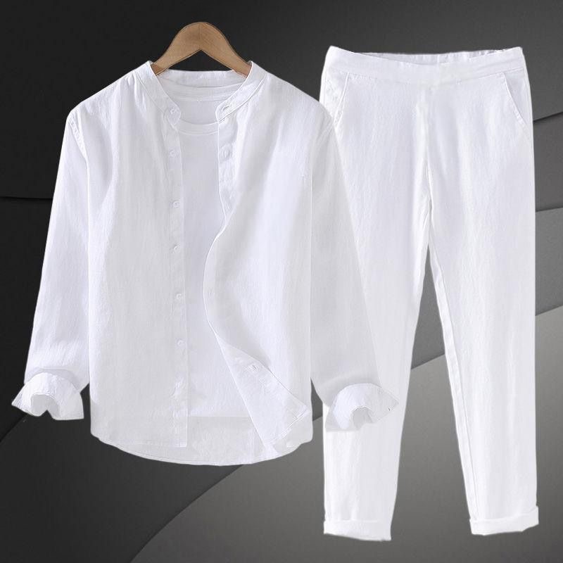 Mens Linen Shirt Long Sleeve - Lightweight Breathable Cotton Linen Shirt Set