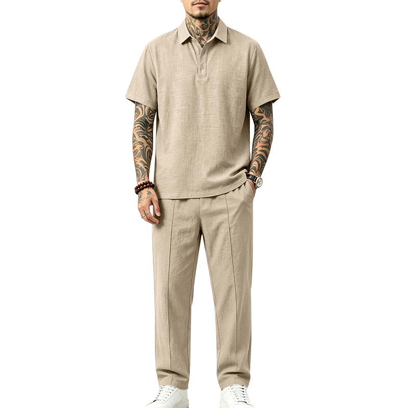 Mens Linen Shirt Long Sleeve - Men's 2 Piece Polo Set Short