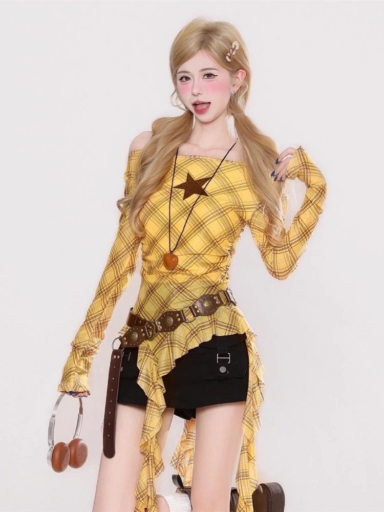 Y2K Plaid Slash Neck Vintage T - T-Shirts recension och pris
