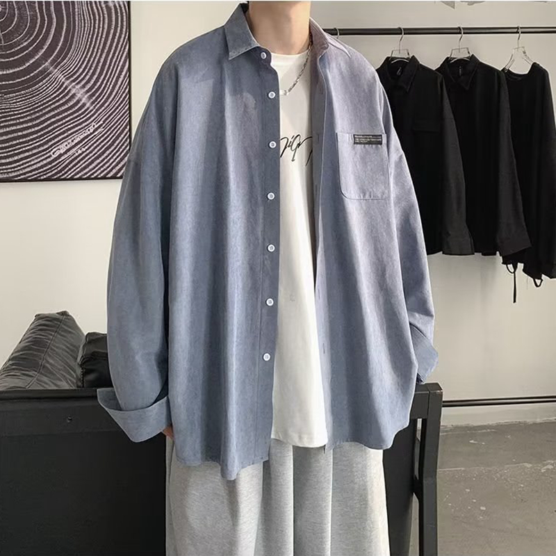 Korean Fashion Black Long Slee - Corduroy Button Up Shirt Men recension och pris