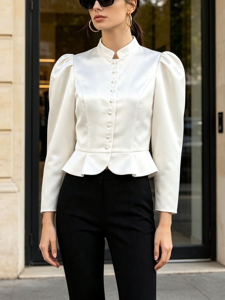 Peplum Blouse Long Sleeve Puff - Mandarin Collar Formal Shirt Slim Fit recension och pris