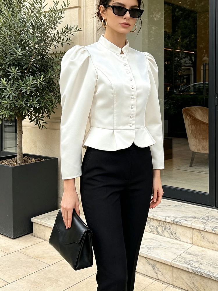Peplum Blouse Long Sleeve Puff - Mandarin Collar Formal Shirt Slim Fit recension och pris